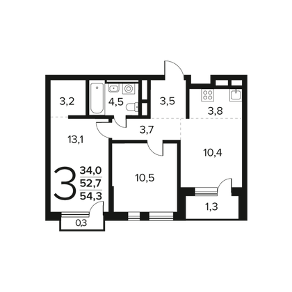 Продажа 3-комнатной квартиры 54,3 м², 7/14 этаж