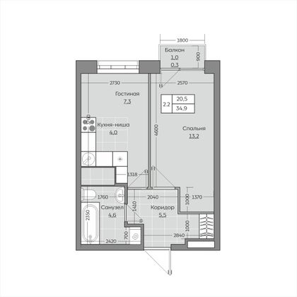 34,9 м², 2-комн. квартира, 21/25 этаж