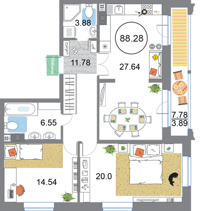 Продажа 2-комнатной квартиры 88,3 м², 7/12 этаж