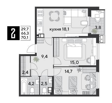 Продажа 2-комнатной квартиры 70,1 м², 4/9 этаж