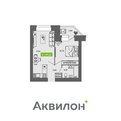 37,1 м², 1-комн. квартира, 2/9 этаж