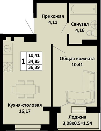 36,4 м², 1-комн. квартира, 4/4 этаж