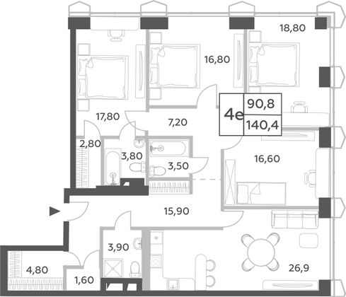 140,4 м², 5-комн. квартира, 50/56 этаж