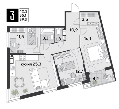 Продажа 3-комнатной квартиры 89,3 м², 16/18 этаж