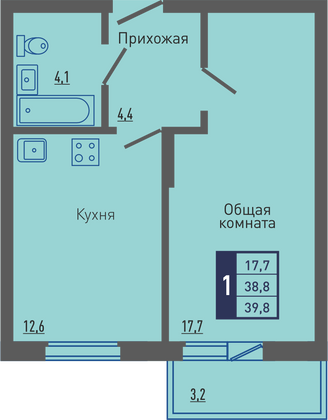 39,8 м², 1-комн. квартира, 2/19 этаж