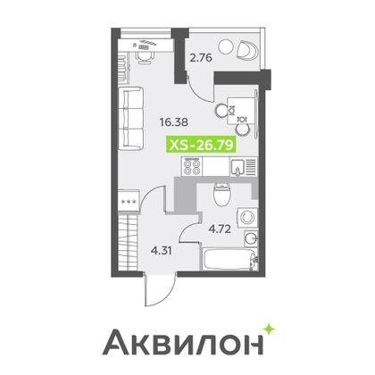 26,8 м², студия, 9/13 этаж