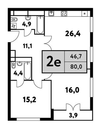 80 м², 3-комн. квартира, 20/35 этаж