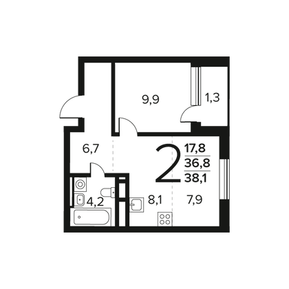 38,1 м², 2-комн. квартира, 8/11 этаж