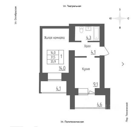 Продажа 1-комнатной квартиры 35,9 м², 6/10 этаж