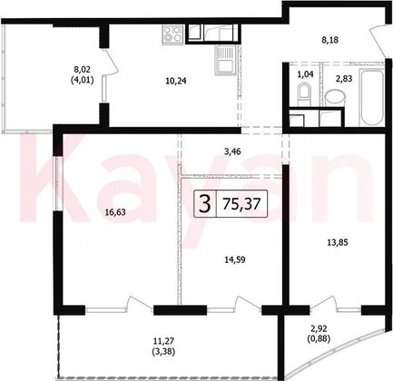 Продажа 3-комнатной квартиры 58,9 м², 14/24 этаж