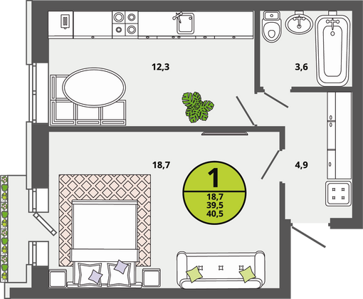 39,5 м², 1-комн. квартира, 3/3 этаж