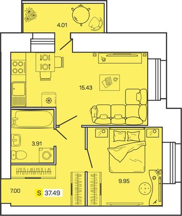 37,5 м², 1-комн. квартира, 11/12 этаж