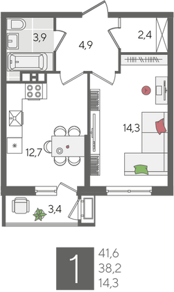 Продажа 1-комнатной квартиры 41,6 м², 3/24 этаж