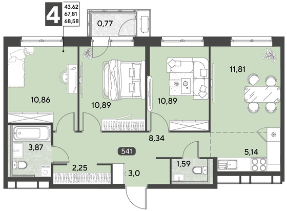 Продажа 4-комнатной квартиры 68,6 м², 21/21 этаж