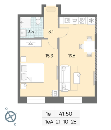 41,5 м², 1-комн. квартира, 23/28 этаж