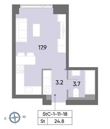 Продажа квартиры-студии 24,8 м², 13/52 этаж