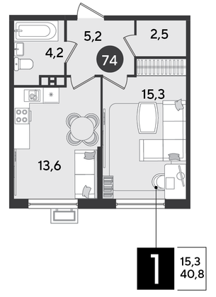 Продажа 1-комнатной квартиры 40,8 м², 6/9 этаж