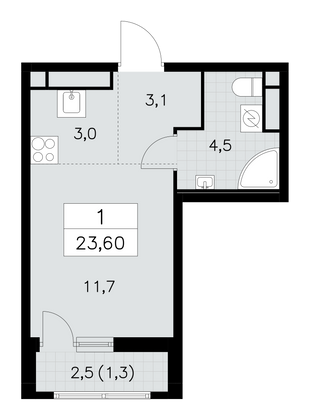 23,6 м², 1-комн. квартира, 13/30 этаж