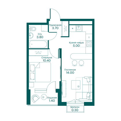 38,6 м², 2-комн. квартира, 6/6 этаж