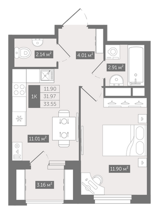 33,5 м², 1-комн. квартира, 11/12 этаж