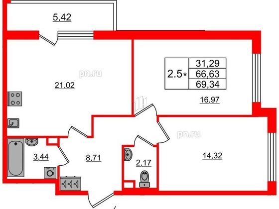 Продажа 2-комнатной квартиры 66,6 м², 1/17 этаж
