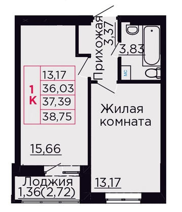 37,4 м², 1-комн. квартира, 2/9 этаж