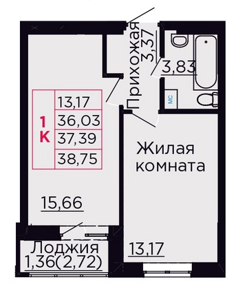 37,4 м², 1-комн. квартира, 7/9 этаж