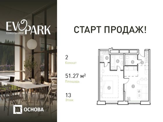 51,3 м², 2-комн. квартира, 13/20 этаж