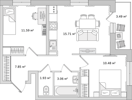 51,4 м², 2-комн. квартира, 19/22 этаж