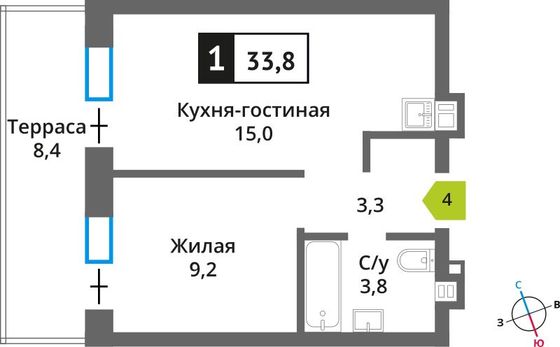 Продажа 1-комнатной квартиры 33,8 м², 1/6 этаж