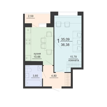 Продажа 1-комнатной квартиры 36,4 м², 7/20 этаж