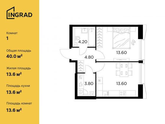 40 м², 1-комн. квартира, 22/32 этаж