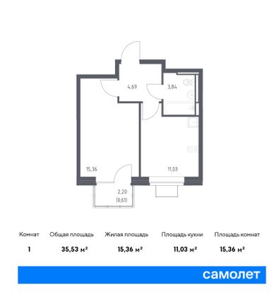 35,5 м², 1-комн. квартира, 6/12 этаж