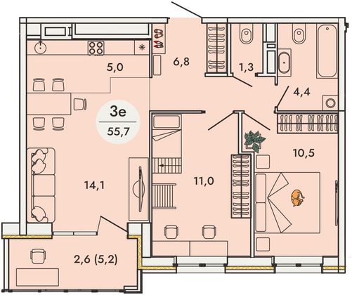 55,7 м², 3-комн. квартира, 15/16 этаж