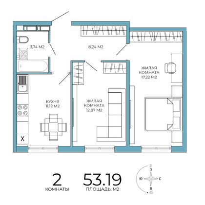 53,2 м², 2-комн. квартира, 16/18 этаж