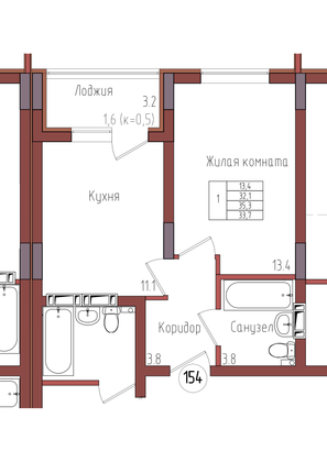 33,7 м², 1-комн. квартира, 2/9 этаж