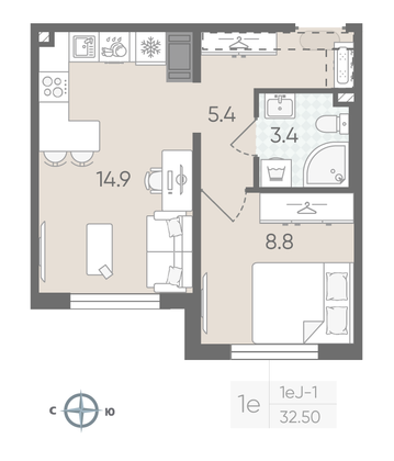 Продажа 1-комнатной квартиры 32,5 м², 2/22 этаж