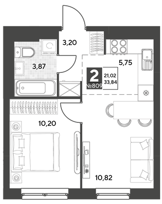 Продажа 2-комнатной квартиры 33,8 м², 18/25 этаж