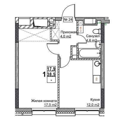 Продажа 1-комнатной квартиры 38,5 м², 4/24 этаж