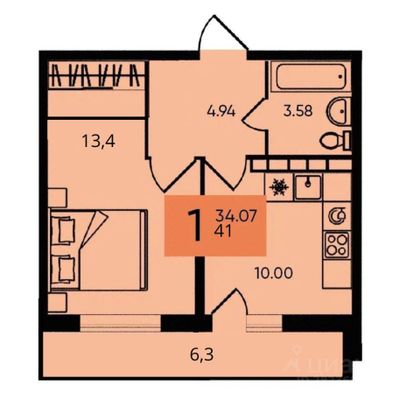 Продажа 1-комнатной квартиры 40,7 м², 3/4 этаж