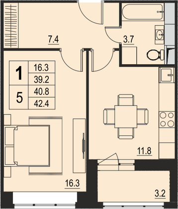 40,8 м², 1-комн. квартира, 12/17 этаж