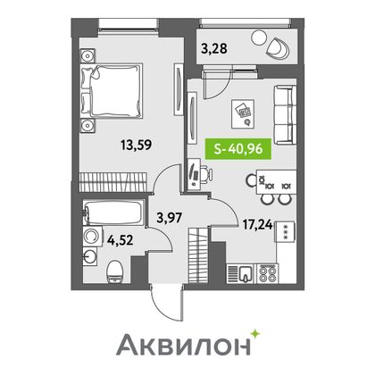 41 м², 1-комн. квартира, 5/12 этаж