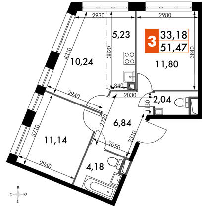 51,5 м², 3-комн. квартира, 8/15 этаж