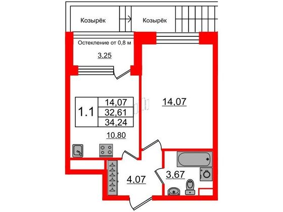 Продажа 1-комнатной квартиры 32,6 м², 1/9 этаж
