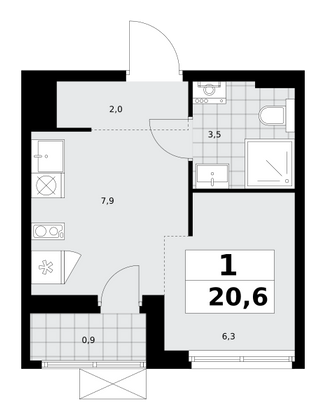 20,6 м², своб. планировка, 8/11 этаж