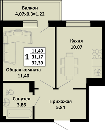 32,4 м², 1-комн. квартира, 4/4 этаж