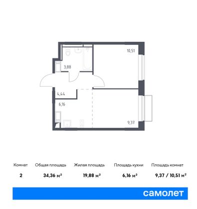 34,4 м², 1-комн. квартира, 1/10 этаж