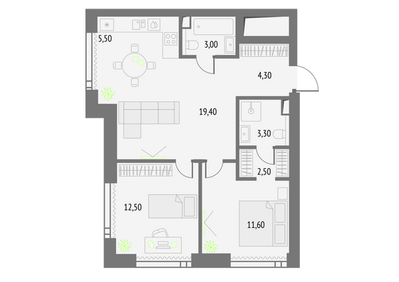 62,1 м², 2-комн. квартира, 39/55 этаж