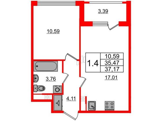 Продажа 1-комнатной квартиры 35,5 м², 3/4 этаж