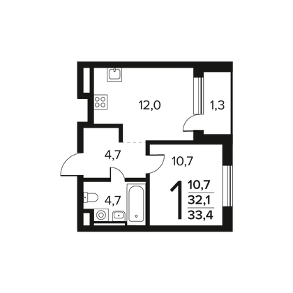 Продажа 1-комнатной квартиры 33,4 м², 2/9 этаж